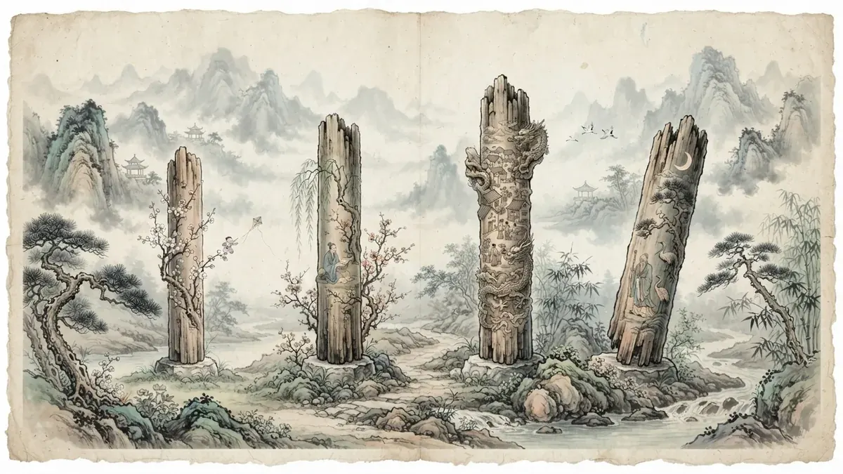 四柱山水画，象征人生四个阶段
