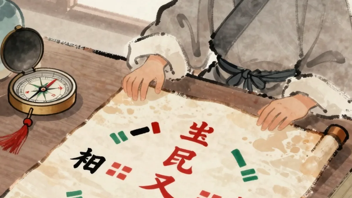 八字排盘解读：四柱八字与五行生克的中国风插画