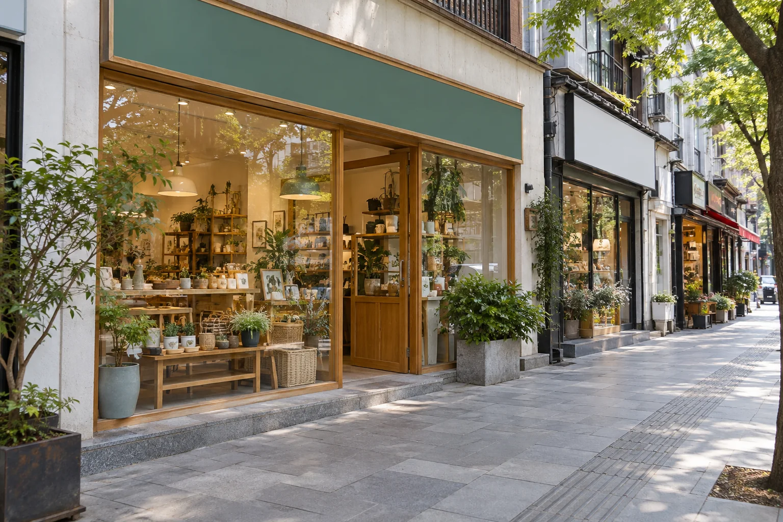 临街小店门面与人行道、邻店和客流环境