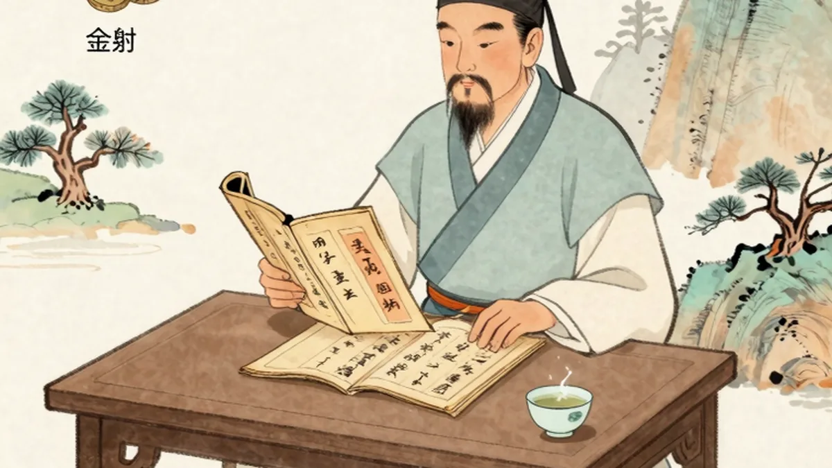 一位学者在桌前阅读八字命盘，背景是五行元素的水墨画