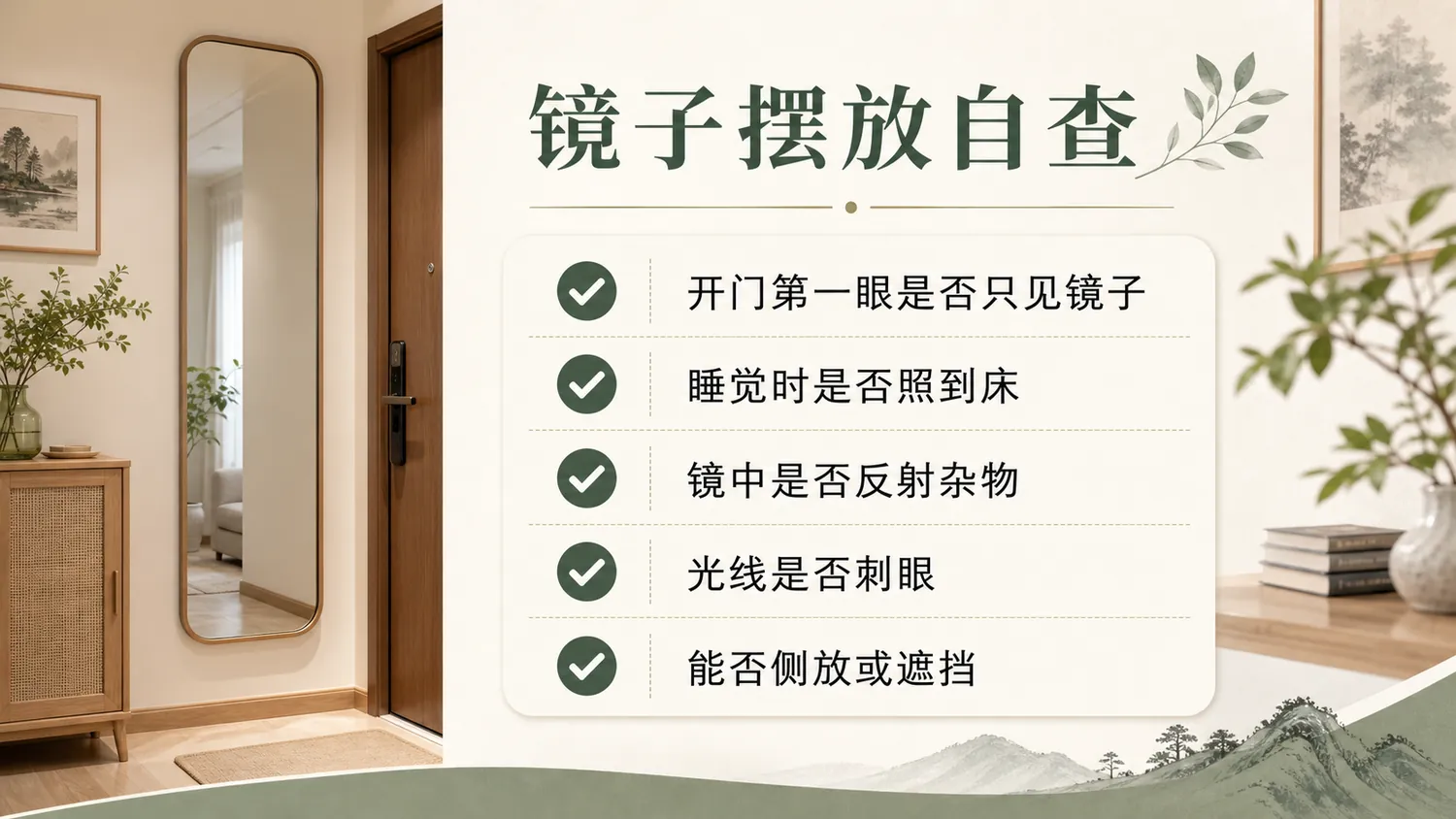 调整镜子角度、镜柜和床边视线的示意